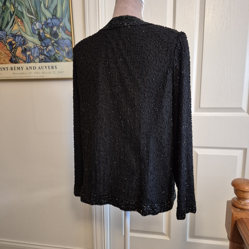 Laurence Kazar Elegant Black Beaded 100% Silk Jacket Blazer Size Medium - Picture 6 of 12